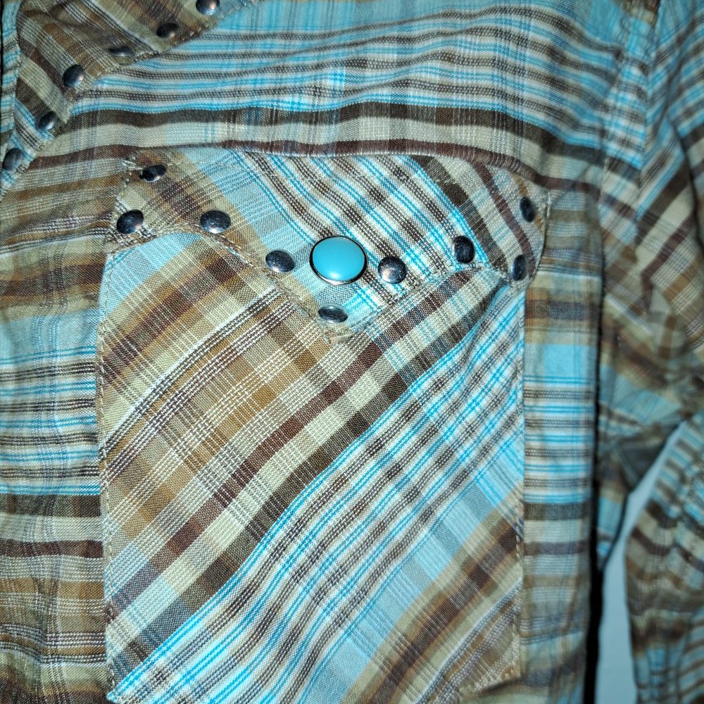 ROUGH STOCK~PANHANDLE SLIM~WOMEN'S PEARL SNAP~PLAID WESTERN SHIRT W/STUDS~M - Picture 8 of 13
